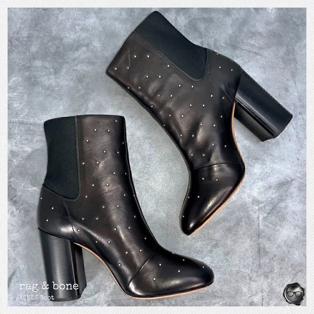 RAG & BONE AGNES STUDDED BLACK LEATHER BOOTS WOMEN’S HIGH HEEL CHELSEA BOOTIES